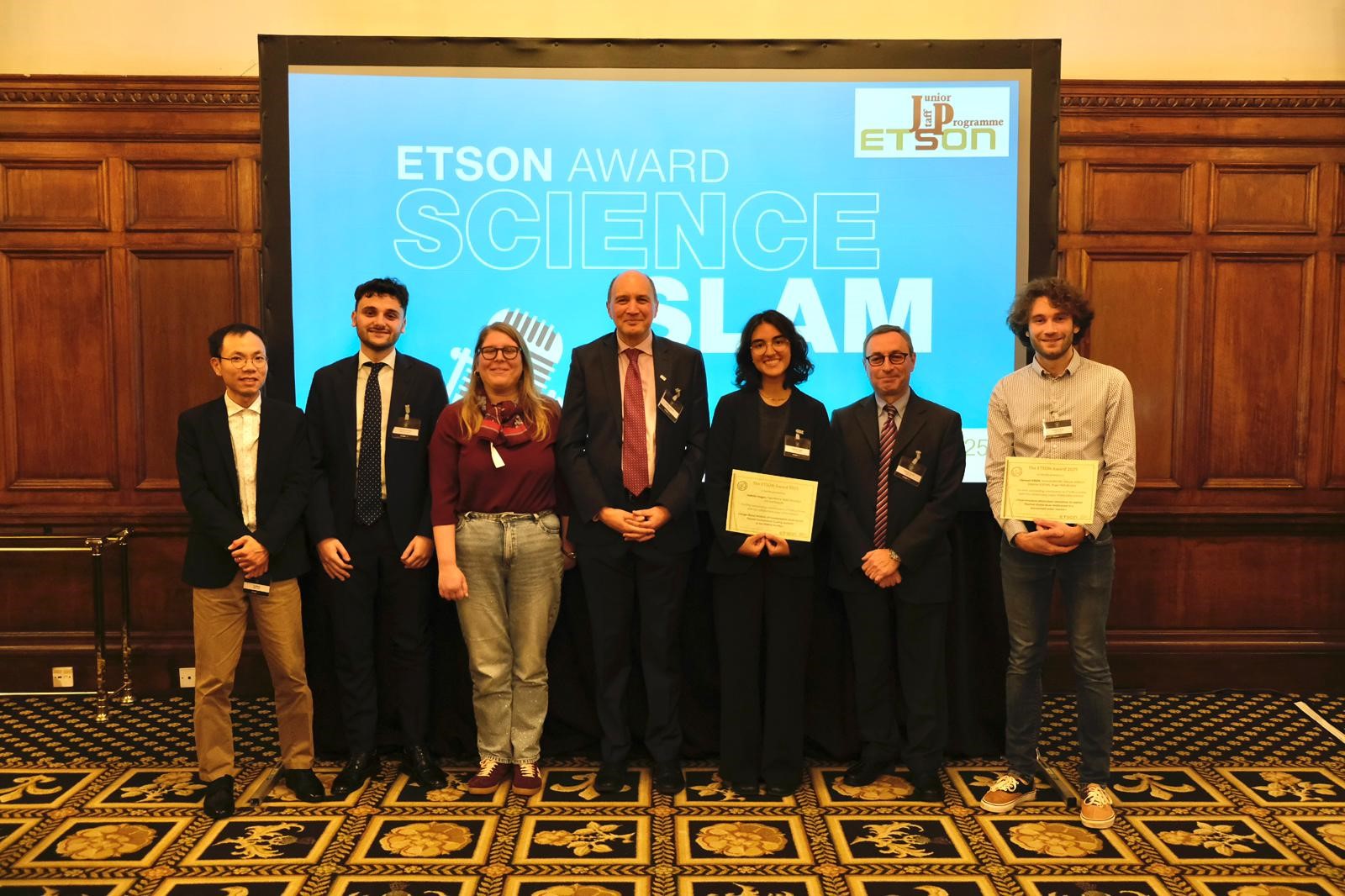 The 7 finalists of the ETSON Award 2025 standing in front of a screen.